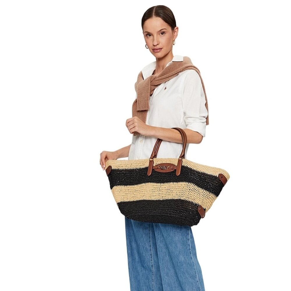 NWT LAUREN Ralph Lauren Striped Straw Daphney Tote Bag